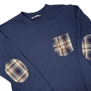 Marleylilly Navy Long Sleeve Tee Plaid Pocket Elbow Patches‎ Women’s Size S/M